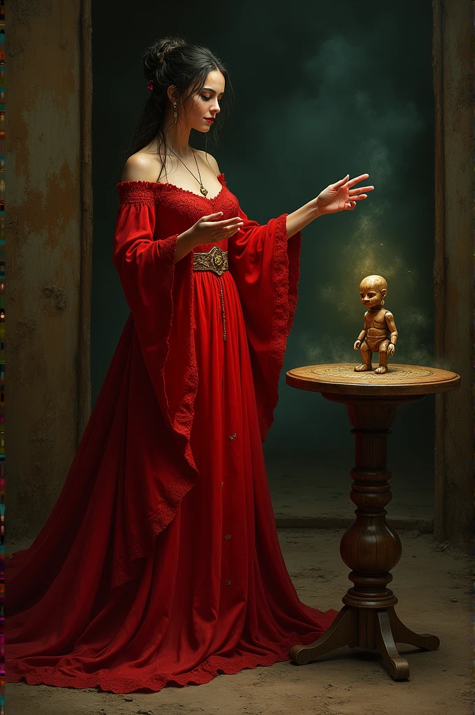 in red dress casts a spell on a small wooden doll.