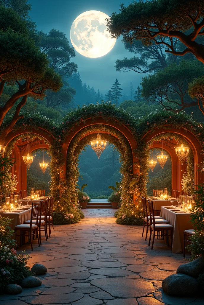 Welcome space for guests at wedding receptions、Inspired by the beautiful forest of the moon。I want to display photos, etc.。Create an image。