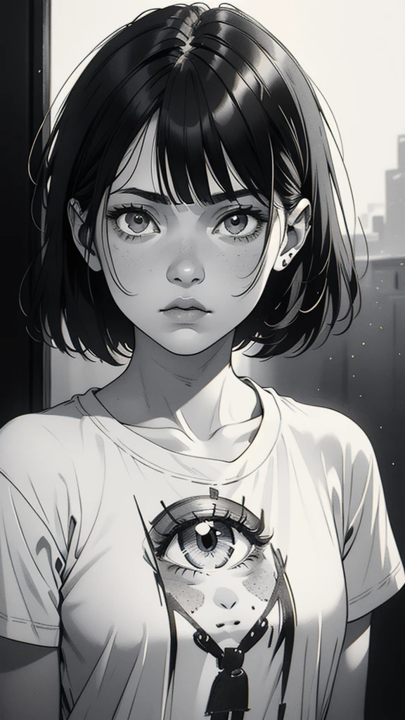 1 boyish girl, solo, sharp eyes, expressionless, monochrome, greyscale, short black hair, portrait, white T-shirt, closed mouth, looking at viewer, graphite \(medium\), detailed lips, hatching \(texture\), without makeup, bangs, upper body, (best illustration), (best quality), (very detailed), (masterpiece), expressionless, perfect lighting,