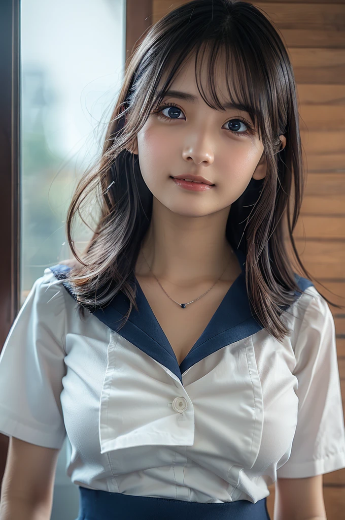 smile,full body shot,(standing,long leg:1.4),long neck,(standing,full_body:1.3),mini skirt,tall stature,(sailor uniform:1.2),(huge breast,cleavage,gigantic breast:1.2),natural make,beautiful face,smile,bob,(Highly detailed face and skin texture:1.4),(solo:1.3), best quality ,masterpiece,ultra high res,(photo realistic:1.3),(8k uhd,RAW photo:1.2),35mm lens, f/1,(Detailed eyes:1.2), Double eyelid