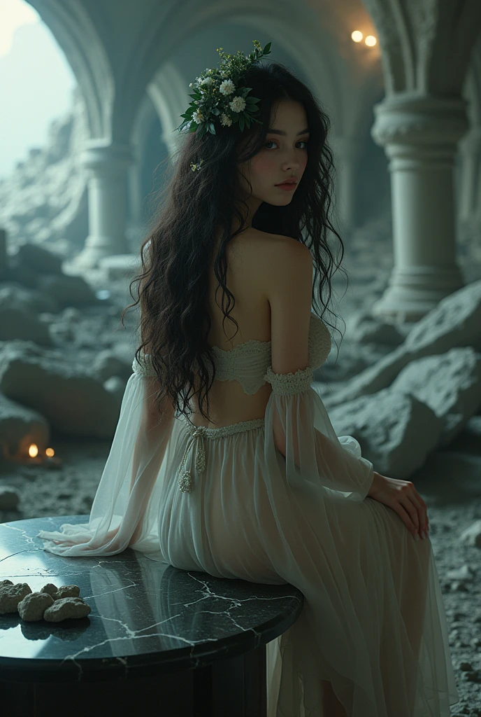 A beautiful gothic girl, beautiful face. long curly hair, leafy. pale skin. Sexy detailed sheer dress. Thin voluptuous exuberant. Sitting at a shiny dark marble table. Environment: a lunar settlement. Ruins of a lunar civilization. Moon rocks around. dim lighting. 1:1 hyperrealistic, cinematographic, 4K Anatomically correct, The best quality, masterpiece, high quality,