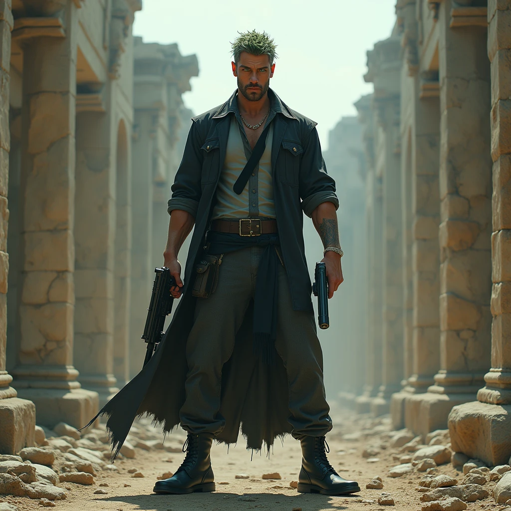 Man with defined body, alone, guns in their hands, gray hair, moss green hair strands, short hair, ((black and grey social blouse, long black and grey pants)), black social shoes, SERIOUS LOOK, light green eyes, Ancient ruins, black tie.