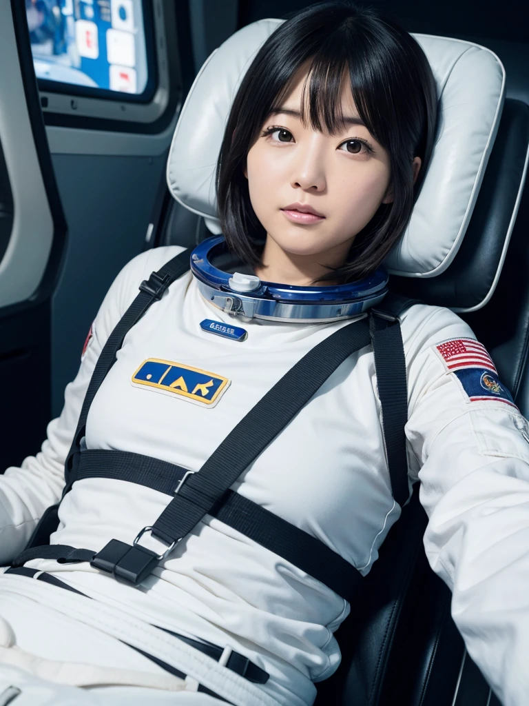 Japanese female astronaut,Black Hair,Space capsule,I was completely strapped into a reclined seat with a thick harness, so I couldn't move.,Plump,Spread your legs,Squat,Surrounded by switches and monitors,