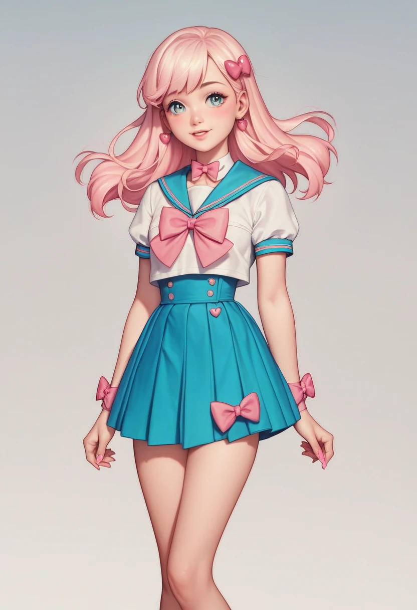 masterpiece, best quality, high resolution, Father, double, White simple background, permanent, Slim waist, Lovely, Sailor Suit, Pink bow tie, Blue Skirt, (Pastel colors: 1.3), Lovely pose