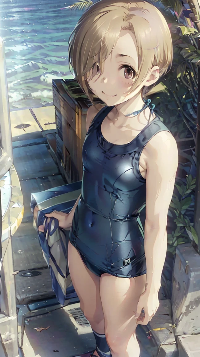masterpiece, Highest quality, High resolution, Very detailed,(((Koume Shirasaka))), (((smile)))、(((smile)))、(((Standing in the distance))), (((School swimsuit))), (((Beach))), (((One girl))), (((solo))), (((Blonde))), (((Brown Hair))), (((short hair))), (((Hair covering one eye)))