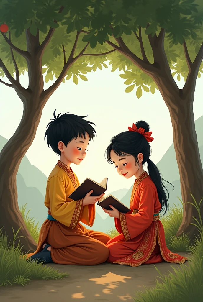 I want a boy and a girl dressed in Bhutanese Gho and Kira,sitting near the tree reading books 