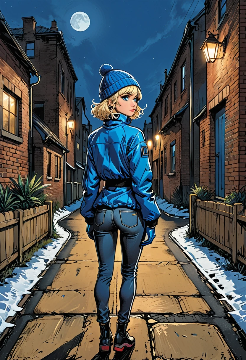 (((night))), dark, looks away, ((high brick fence)), ((tropics)),(palm), fullbody from the back, ((back view girl in Blue zipped up down winter jacket and black turtleneck )) and (((jeans))) and blue gloves and (((blue winter hat)))) ((walking)) on the road with brick fence, adult, [Nordic], Hourglass elongated fitness body, perfect Olive skin, Oval Face, Rounded shoulders, perfect hand, Attached Pointed ears, round forehead, (Short blonde Waves pixie hair), snub nose, ((Monolid blue Eyes)), High Round Narrow cheekbones, Dimpled Cheeks, Rounded Chin, Rounded Jawline, Full nude Lips, (blue eyes), Nude Makeup Look, long eyelashes, long slim fitness legs, graphic style of novel comics, perfect hands, 2d, 8k, hyperrealism, masterpiece, high resolution, best quality, ultra-detailed, super realistic, Hyperrealistic art, high-quality, ultra high res, highest detailed, lot of details, Extremely high-resolution details, incredibly lifelike, colourful, soft cinematic light, (looks away),