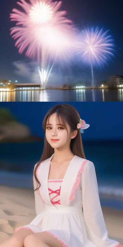 ((64k,Ultra-high resolution,Ultra high quality,masterpiece,Hyperrealistic,Young and adorable, beautiful, young, adorable,〜20 year old girl,young woman,Full body photo,Full body angle,Whole Body Ezbian,Surreal,Very detailed:1.3,Ultra-realistic:2.5)),Cute smile,Adorable smile,nice smile,Baby Face,A Cup〜D Cup Size Breast,Straight Long Hair,Black Hair,Sitting,Cute face,Glowing Skin,Glossy face,Beautiful body,concentrated,((Beach)),((VNeck dress,Slimming waist dress,Summer dress)),((Fireworks in the background)),((High school girl blazer,Transparent exy maid outfit,Sister dress with embroidered collar,Wear a shrine maiden's costume and roll up your mini hakama.,Aircraft Cabin Attendant Uniform,Aircraft Stewardess Uniform)),((Seamless Ultra-thin All-through Pantyhose,Ultra-thin seamless pantyhose, sexy, all-through, beautiful legs, tights, sheer, pantyhose, women's)),single eyelid,Long legs,Thin legs,Beautiful hands and feet,Thin thighs,Nice thighs,((Ultra Micro Mini Skirt:1.2)):1.4,underwear simpleunderwear,((地面にSitting)),Water Lake,A prestigious European-style castle,Rose garden in the background,Bare shoulders,Low - Angle,((Face your body forward)),((Sitting position)),((Spread your legs and do the M-leg pose.)),Pull up one'My tight skirt,bangs,Beautiful legs,((Wearing:1.3)),((Girl panties exposed:1.3)),((Japanese women who still retain their beautiful youthfulness,A European woman who still retains her beautiful youthfulness)),With a young body,