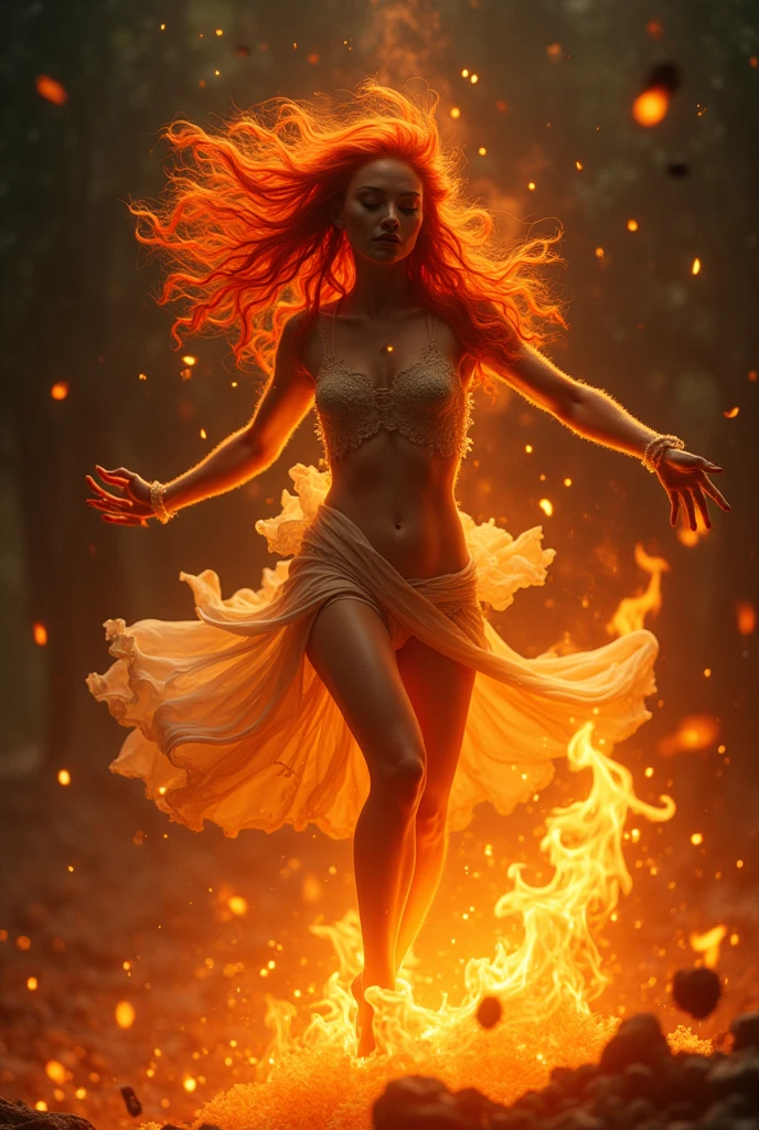 A 3-dimensional image of a woman dancing on fire. Fire Dance. Skin emits fire. Fiery hair. Bright red hair.