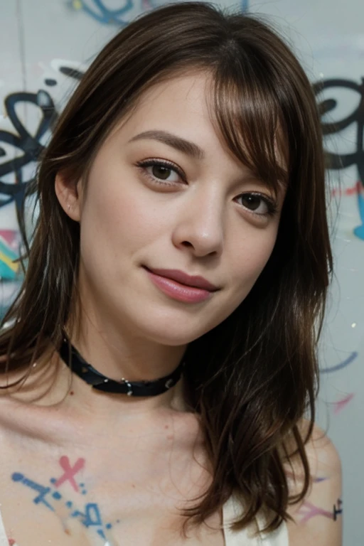 (best quality), (realistic, photo-realistic:1.3), (masterpiece:1.3), CG, unity, 8k, amazing, finely detail, ultra-detailed, highres, absurdres, (1 girls), solo, cute, ((thigh:1.4)), sexy body, (beautiful face), delicate facial features, a fusion of ((young Marion Cotillard's striking eyes: 1.1)) and ((young Anne Hathaway's introspective gaze : 1.2)), long and slender cute face, curved eyebrows, seductive smiling, droopy hooded eyes, low nasal bridge, wavy nose, thin lips, young asian, (looking at viewers), (bangs), (closed mouth:1.2), crop top, denim shorts, choker, (graffiti:1.4), paint splatter, against wall, looking at viewer, thigh strap, paint on body, head tilt, bored, ((multicolored hair)), (bangs), aqua eyes, extremely delicate and beautiful, extremely detailed, beautiful detailed girl, best shadow, extremely detailed eyes and face, beautiful detailed nose, beautiful detailed hand, beautiful delicate glossy lips:0.8, (glossy face and body skin), ((oily body skin)), ((dramatic light)), AnneH, marioncotillard, 