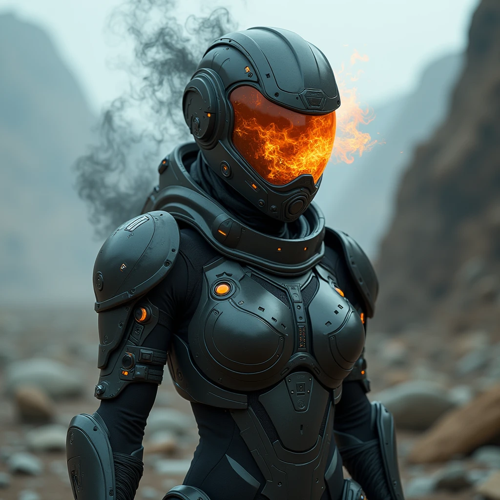 A full protective helmet mask made of smoke and flames, and futuristic high-tech battle armor，Sci-fi female space warrior，Tactical equipment，Shooting stance，Battlefield environment，Art Photography