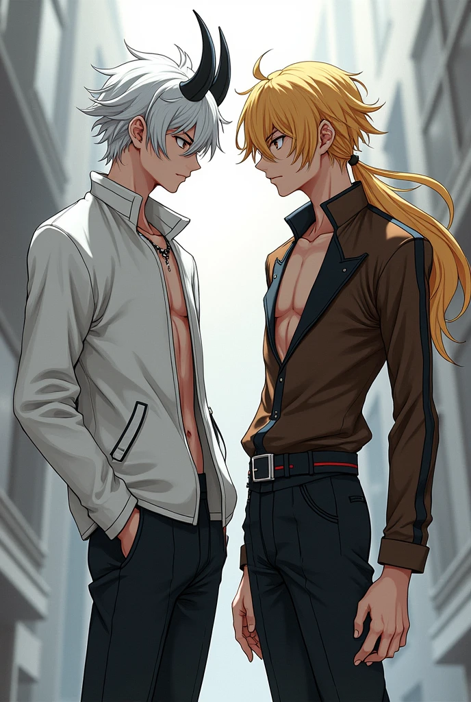 
Create an image of two male boys, one with white hair and black horns and a white jacket and black pants, and the other boy with blond hair and black horns and a brown jacket with black lines and black anime pants.