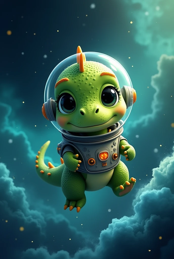 Create a baby astronaut dino image in green and blue colors