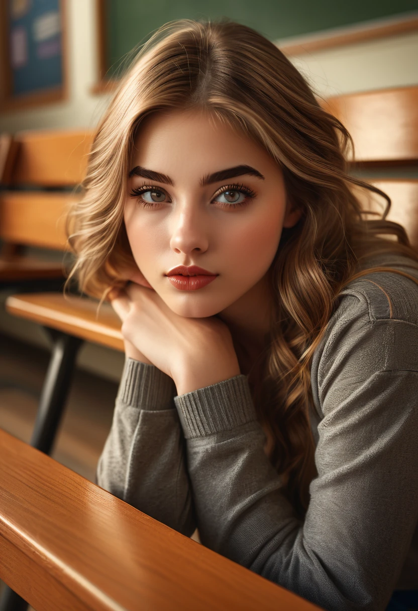 girl leaning against bench in classroom,legs visible,teasing viewer,beautiful detailed eyes,beautiful detailed lips,extremely detailed face,longeyelashes,intricate details,photorealistic,highly detailed,masterpiece,cinematic lighting,warm color tones,dynamic composition