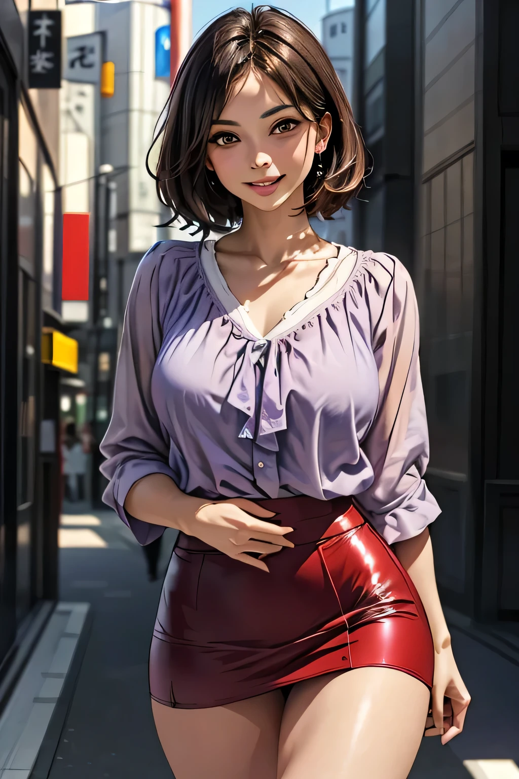 8K, high resolution, detailed face, perfect body,super high quality, absurdres, ultra detailed, Kisaki eri, mature woman, perfect body, (brown hair), (messy bun hair),  on the streets, walking, sunlight, volumetric lighting, bokeh, ((tight skirt)) ((white shirt)) (open shirt) , wearing glasses, close-up photo