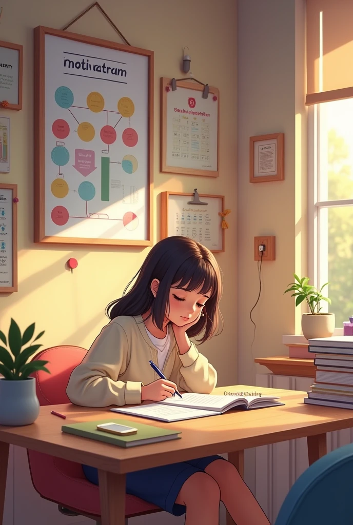 A girl sitting in her room with and study for her exam and she is very comfortable with the room vibe in a wall decorated with soft motivated chart and in a room has motivated vibe in a picture her whole room covered
