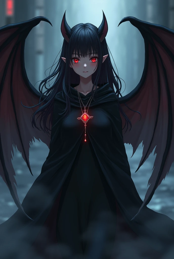 anime bat winged young woman alone, dark long hair, pointed human ears, wearing a pendant with red gemstone around her neck, wearing black cloak, Yu Yu Hakusho style anime