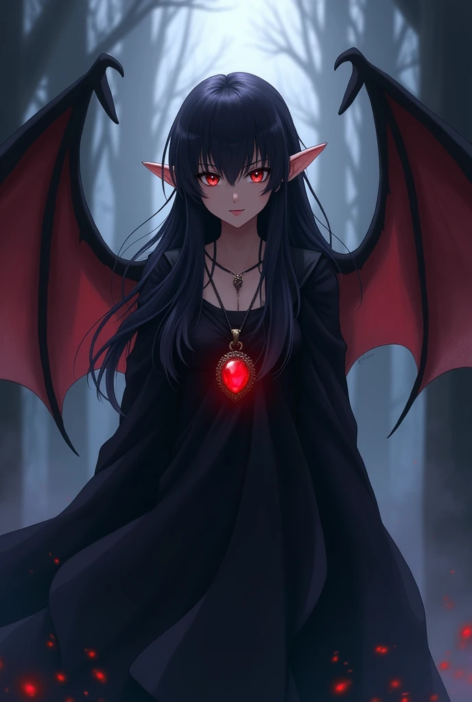 anime bat winged young woman alone, dark long hair, pointed human ears, wearing a pendant with red gemstone around her neck, wearing black cloak, Yu Yu Hakusho style anime
