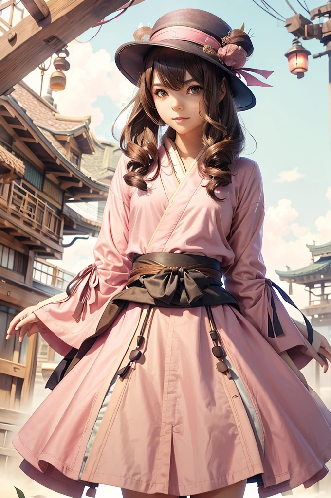 an anime art depicting a girl dressed in a pink dress and a hat, 1girl, solo, brown hair, japanese clothes, jintsuu (kancolle), long hair, kimono, headband, brown eyes