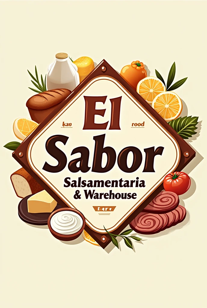 The image is a logo with a striking and colorful design. In the center of the logo, the name stands out *"El Sabor Salsamentaria and Warehouse"* in a large, modern font. The text is prominent, with a style that combines the traditional with the contemporary.
Surrounding the central text, There are various visual elements that represent food products such as cheese., fast food breads, yogurts and sausage. These elements are arranged in a balanced manner., forming a frame that emphasizes the culinary theme of the logo.
The colors of the logo are warm and appetizing, with tones that evoke the freshness and quality of the products. The overall design suggests that this is a store or business specializing in food., particularly in dairy products and processed meats. The combination of images and text reinforces the brand's identity as a place where you can find essential ingredients for quick and delicious meals.. Bright colors that attract people