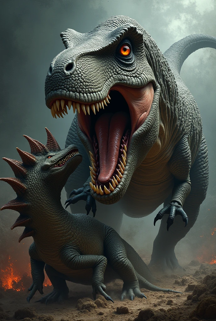 A king tyrannosaurus, with his fierce gaze and open jaw, looms over a spinosaurus writhing beneath it, in an epic and eternal battle. The scales of both dinosaurs intertwine, Their bodies become entangled in a fierce fight, while his eyes seem to glow with a primal intensity. The Tyrannosaurus, with his dominant posture, seems to be about to deliver the final blow, while the spinosaurus defends itself with its sharp spines and long, sinuous tail.. The scene is full of movement and energy, as if the fight were about to break out at any moment. The background is dark and abstract, which makes the dinosaurs stand out even more on the skin."