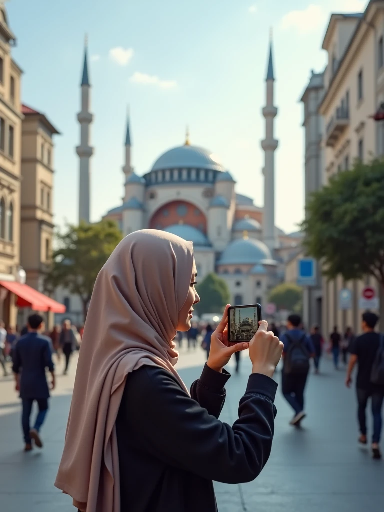 a hijabi girl taking his hands photo while she have i phone on his hand in istanbul famuse plases. Realistik 4k