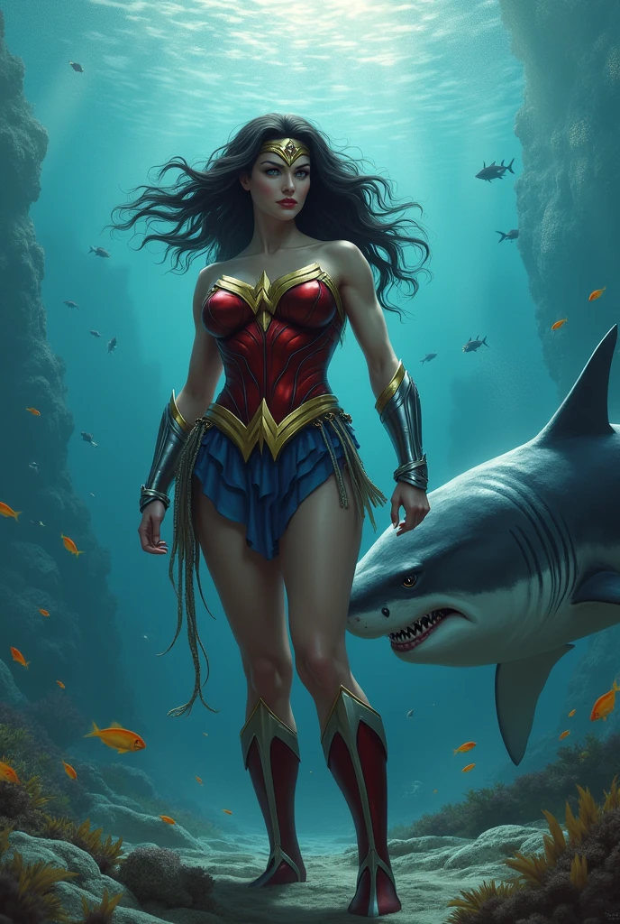 Wonder woman, big breasts, perfect body, Busty, ocean floor, underwater, Fighting with Shark
