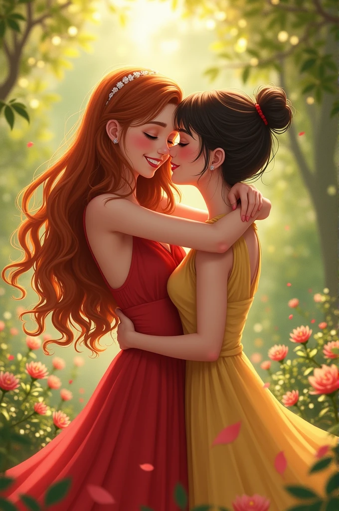 Girl in red dress hugs her friend.