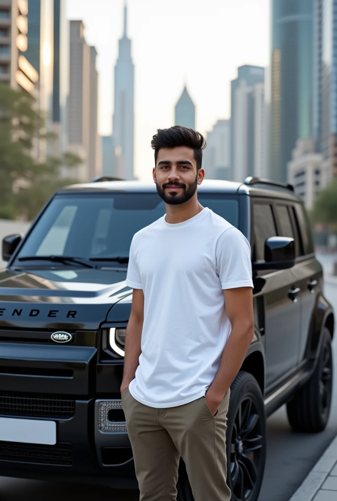 White T-shirt balbotam , black defender car ‘’ Jahid Bhati ‘’created, ‘’age 19 ‘’smart boy white boy , car in girl and age 16 , Dubai background , name Jahid Bhati plat number