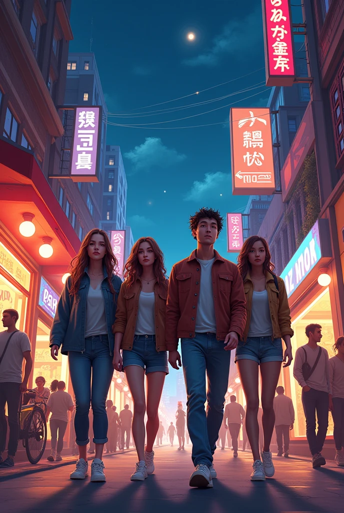4 friends walk in the city night time 

