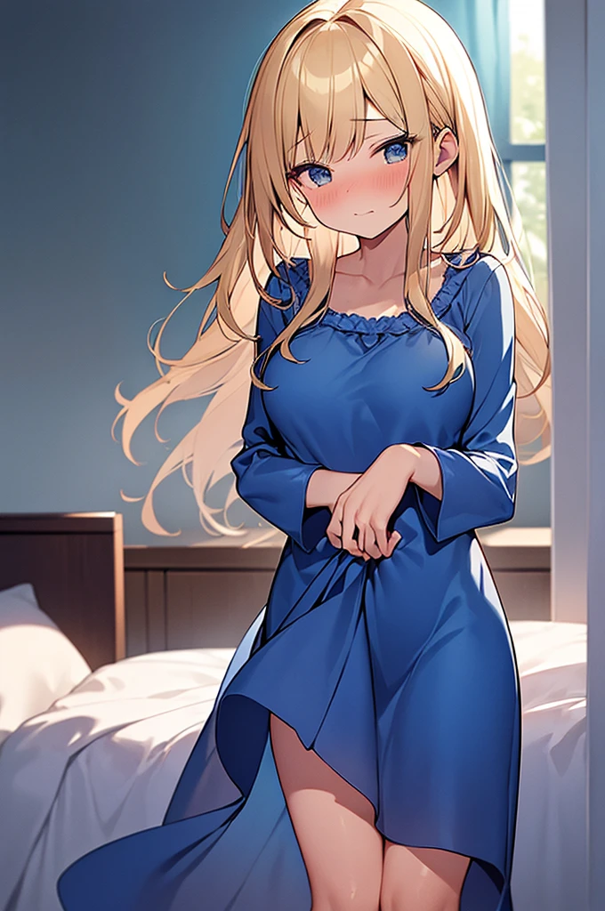 (Masterpiece, Top quality:1.5), nsfw, full body, (1 beautiful girl, solo:1.2), (short height:1.3), (blue Satin Nightgown and Matching Robe:1.3), (Nightgown lift:1.2), (show of pussy:1.3), pubic hair:1.2 ,Blonde hair:1.1, medium Hair, wavy Hair, asymmetry bangs, swept bangs, airy hair, large breasts:1.1, nose blush:1.3, beautiful scene of bedroom, magnificent panorama view, blurry background, dynamic angle
