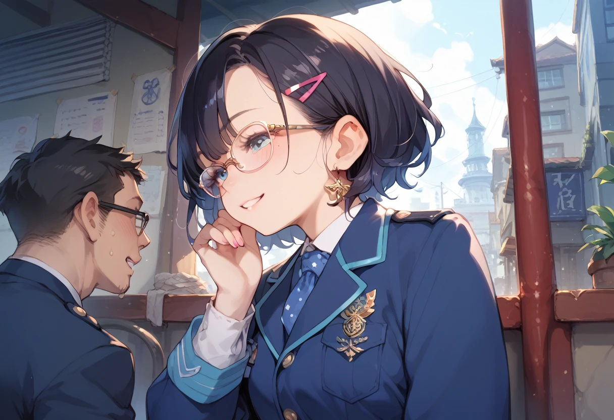 กำลังเลือกซื้อชุดชั้นในกับเพือน, wearing a uniform, pubic hair, short hair, wearing glasses, black hair