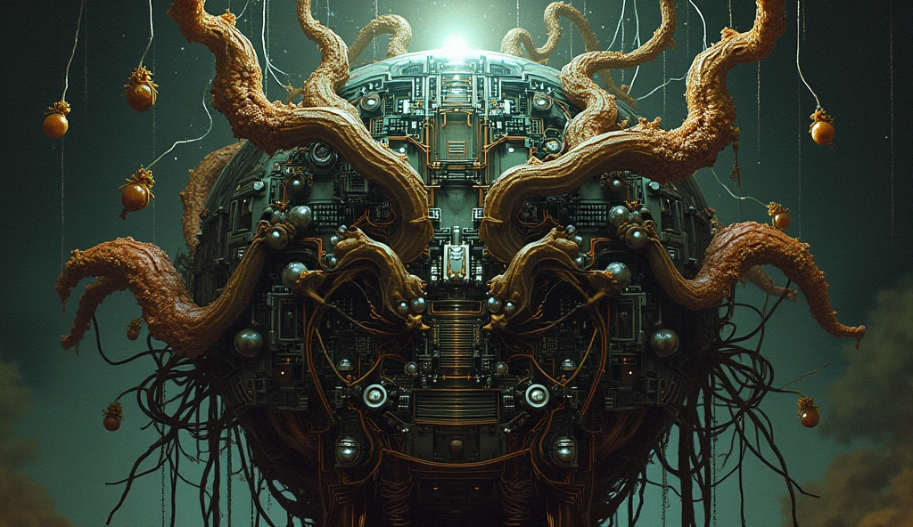 motherboard, Giger, biological organs connected to the bottom by tubes and cables, toma frontal, mandala