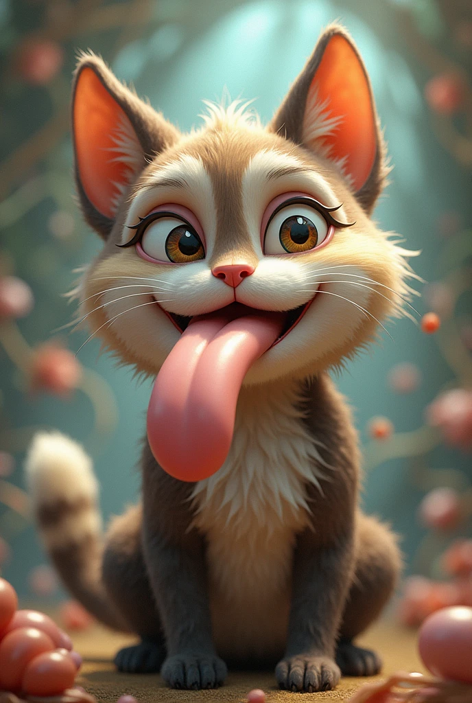 A furry teenager cat with a kid sitting on the top his tongue
