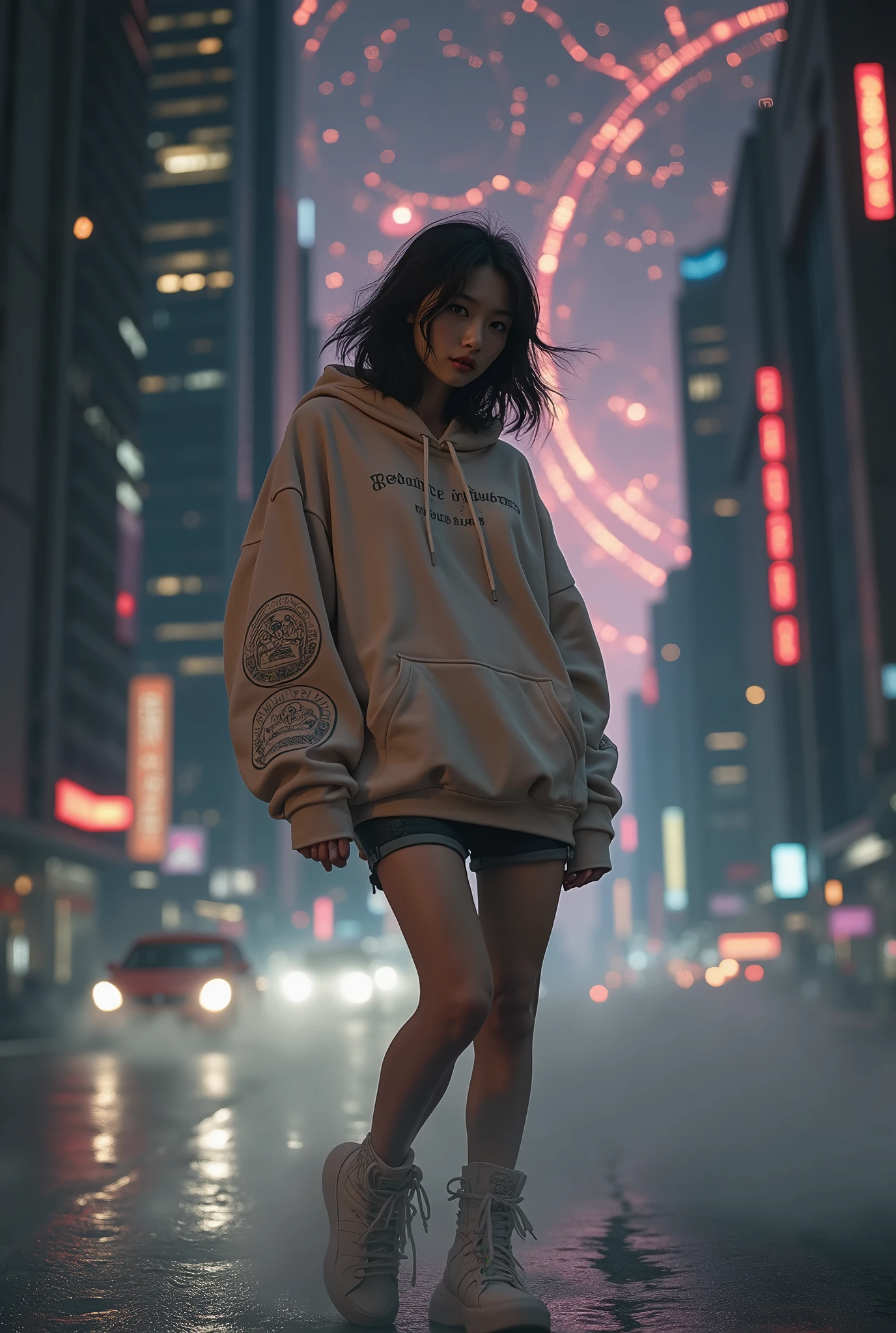 Masterpiece, 4K wallpaper, Masterpiece sci-fi cyberpunk city, fantasy sci-fi, neon glow lights city, ( Subject ( 1girl, A cute japanese women with beautiful hair, wearing an youth stylist oversized hoodie fashion, yellow, black and white stylist fashion, jumper hoodie and short solid cotton trousers, the hoodie stylist masterpiece.))
( Pose (Relaxed, with dance pose, masterpiece. Medium breast.))
( Setting (ultra realistic, sci-fi theme, A mystic environment, cyberpunk city with neon glow lights and a glow light portal.))
( Face ( absolute detail of face masterpiece, detail skin pores masterpiece, oil skinny, beautiful japanese girl, detail of face.))
( Lighting (Dramatic side lighting with a warm and cool light masterpiece, sunlit glow and light rays, masterpiece object lighting and detail.)) (detail of wearing masterpiece), rahnday style photography, the sense of photography), sea art infinity.
( Style (Hyper-realistic, cinematic, with a focus on detail and texture, octan render 4K quality masterpiece.))
( Technical Specifications (Shot from a medium long shot, below-up perspective, with a Fujifilm XT-3 and Fujinon 50mm lens at f/1.2.))
(((Additional Notes)
( Focus on Key Elements (Emphasize the woman, her clothing, and the dramatic city backdrop.))
( Visual Effects (Include cinematic grains, falling glow particles, and a blurred background with white smoke.))