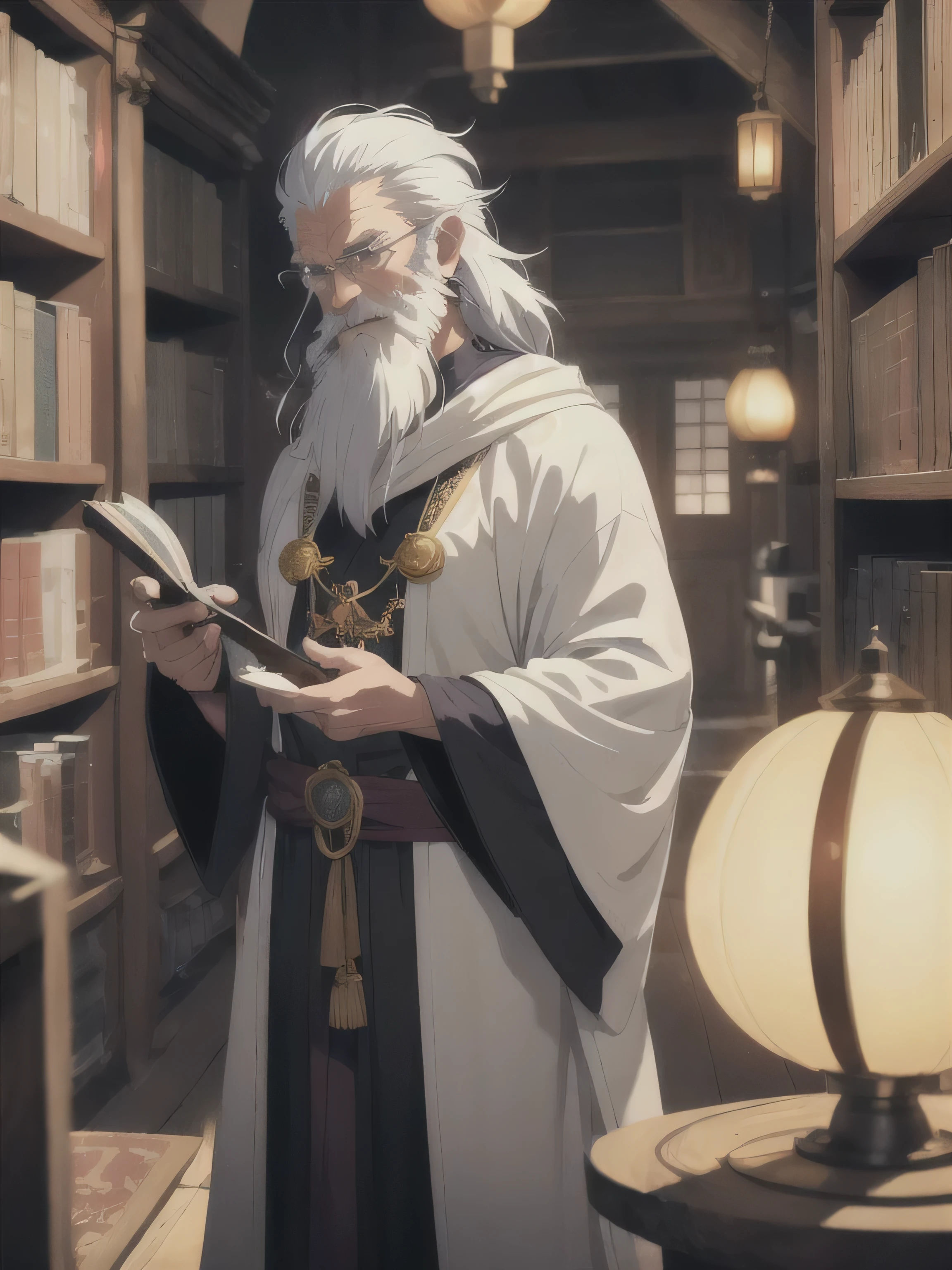 "Design a character for Gandril Daim, a gentle and kind-hearted old man with a long white beard that reaches his waist and a head of snowy hair. He wears a tall wizard's hat adorned with symbols of the sun and three moons, along with a flowing purple robe that shimmers softly. His wise and kind eyes convey deep knowledge, warmth, and compassion. Gandril is standing in a cozy, warmly lit library filled with ancient books and scrolls, surrounded by the soft glow of magical lanterns. He holds a pipe in hand that emits a pleasant, calming aroma. His gentle smile and calm demeanor exude a sense of safety and comfort, making him a beloved figure to those around him."