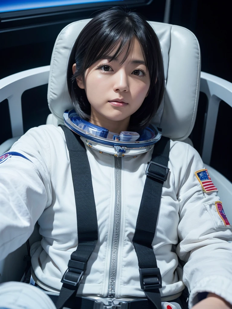 Japanese female astronaut,Black Hair,Space capsule,I was completely strapped into a reclined seat with a thick harness, so I couldn't move.,Plump,Spread your legs,Squat,Surrounded by switches and monitors,