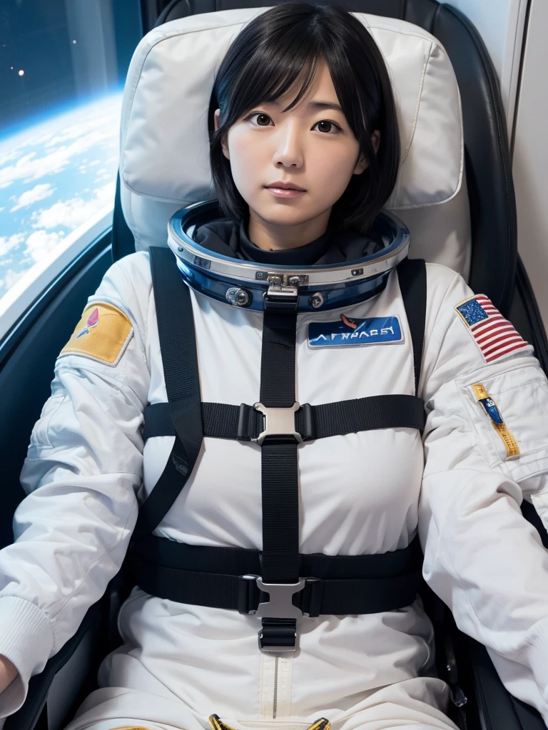 Japanese female astronaut,Black Hair,Space capsule,I was completely strapped into a reclined seat with a thick harness, so I couldn't move.,Plump,Spread your legs,Squat,Surrounded by switches and monitors,