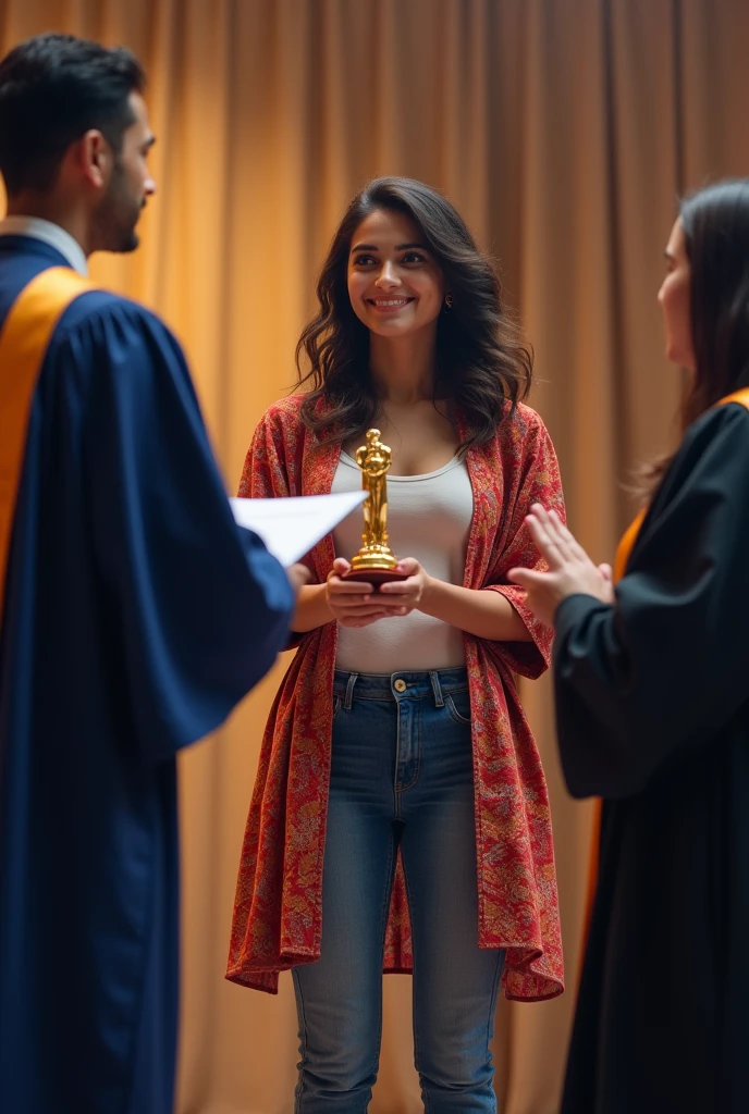 a 20 year old girl recieving an award from a person on stage in a college ceremony. the girl is wearing a kurta with jeans and has wavy hair. kurta is tucking out of jeans. award in the hands of girl