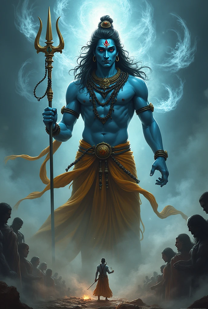 Angry shiv bhagwan, in one hand trishool, second hand showing us hand, shiv bhagwan have only two hands and humans are very small humans are wanting to shiv bhagwan and with background ghost