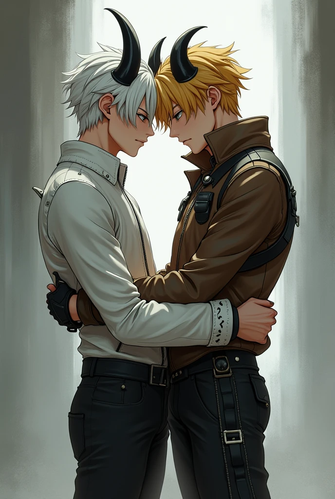 
Create an image of two masculine boys, one with white hair and black horns and a white jacket and black pants, and the other boy with blond hair and black horns and a brown jacket with black lines and black anime pants hugging and looking forward. 