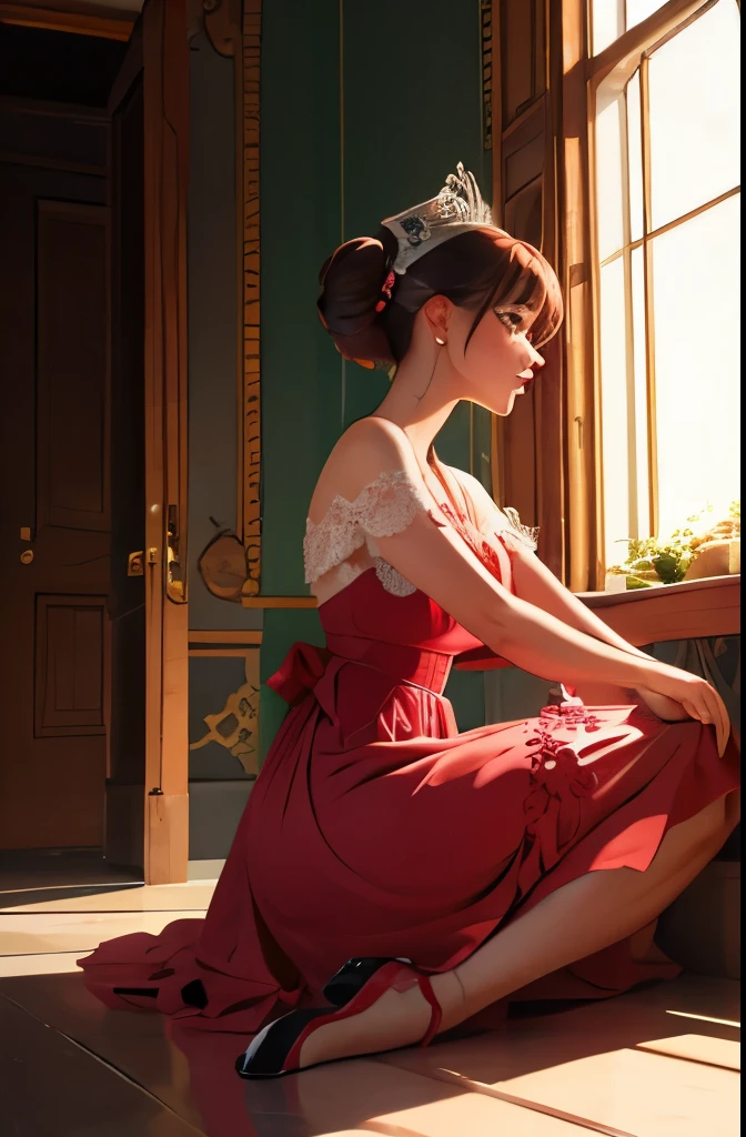 there is a woman sitting on the floor in a dress, a pastel inspired by Alice Prin, tumblr, rococo, rococo dress, # rococo, rococo queen, dress in the style of rococo, rococo fashion, rococo ruffles dress, victorian style costume, victorian inspired clothing, with victorian clothing, in victorian aristocrat, victorian dress