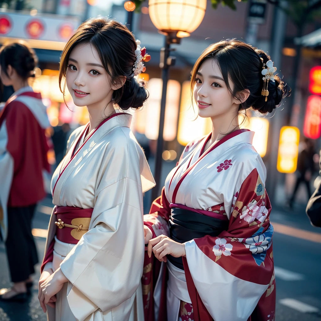 look at camera,(((top quality, 8k, masterpiece))), crisp focus, (beautiful woman with perfect figure), slender, (hairstyle: up)), ((kimono: Kara)), street: 1.2 Highly detailed face and skin texture Detailed eyes Double eyelids random posture, (smile),super cute Japan person,super beauty Japanese girl, realistic face, double eyelid,smile,summer festival , at sunset , beautiful tooth , fire-works back-ground.