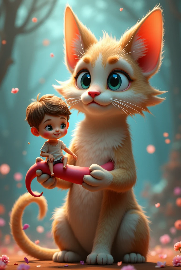 A furry ager cat with a kid sitting on the top his tongue