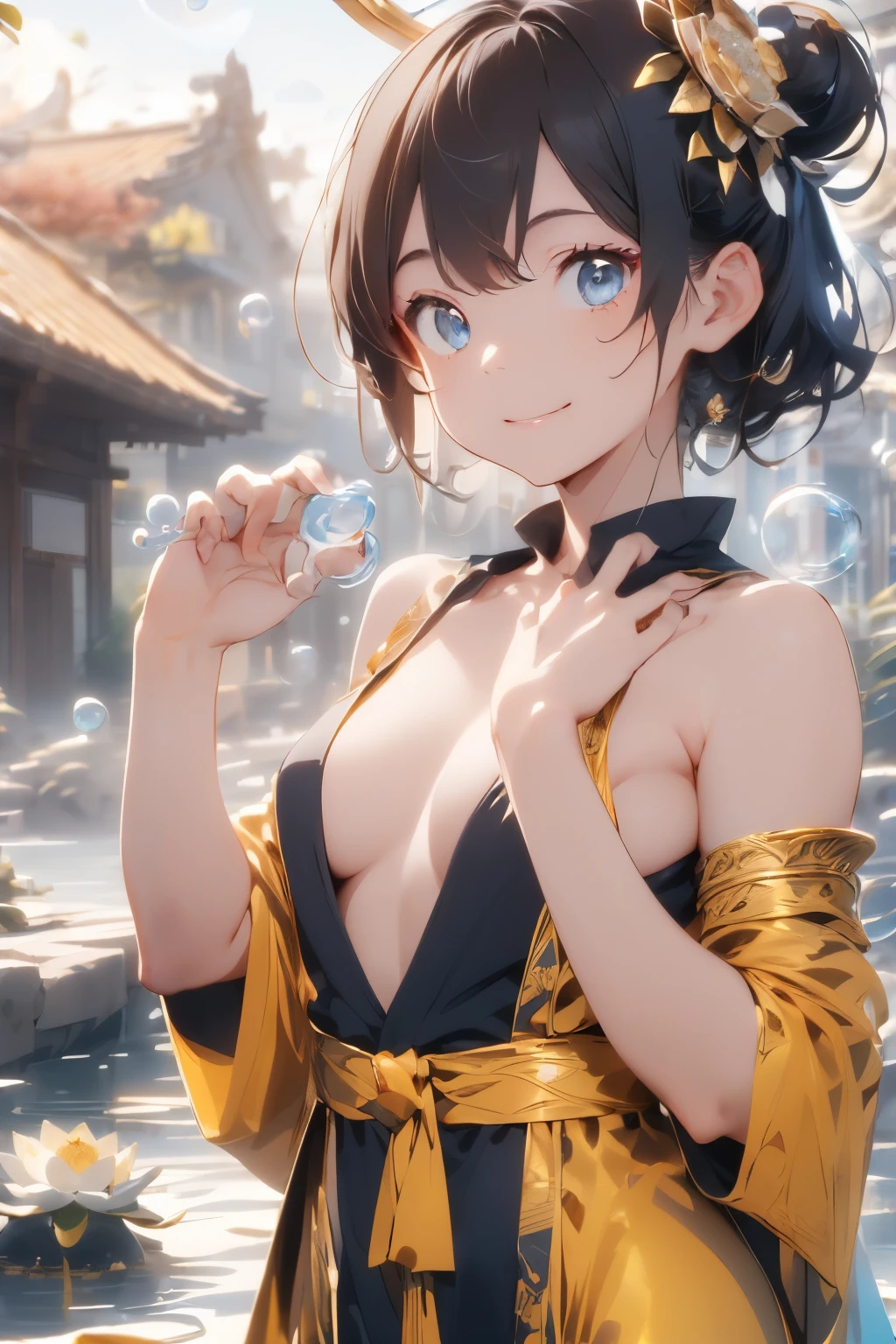((Top Quality)), ((Excellent)), ((Detailed), ((Uga Benzaiten)), ((God of Fortune who brings Wealth)), Black Hair, ((Paradise)), Golden Robe, ((Lots of Lotus Flowers)), ((Nice Hands)), ((Perfect Hands)), ((Five fingers on a hand)), Upper Body, Sunrise, Ultra-Realistic, Stunning Environment, Bright Colors, Blue Eyes, ((Topless)), ((Halo)), ((Lots of Bubbles)),White Snake,((Nice Hands)), ((Perfect Hands)), ((Five fingers on a hand)),
