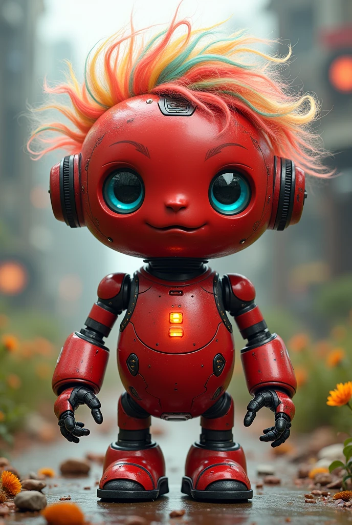 Cute adult red robot creature with hair