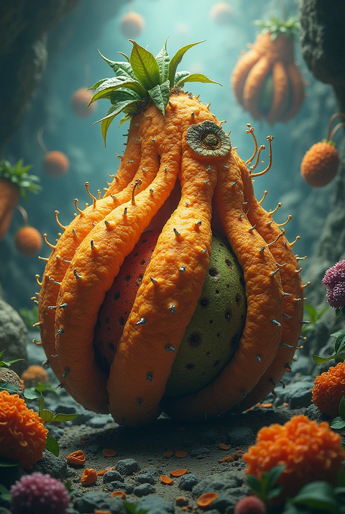 Make an different fruits from other planets, make it more exaggerated. Make an fruit that's not existing, one fruit only but really exaggerating