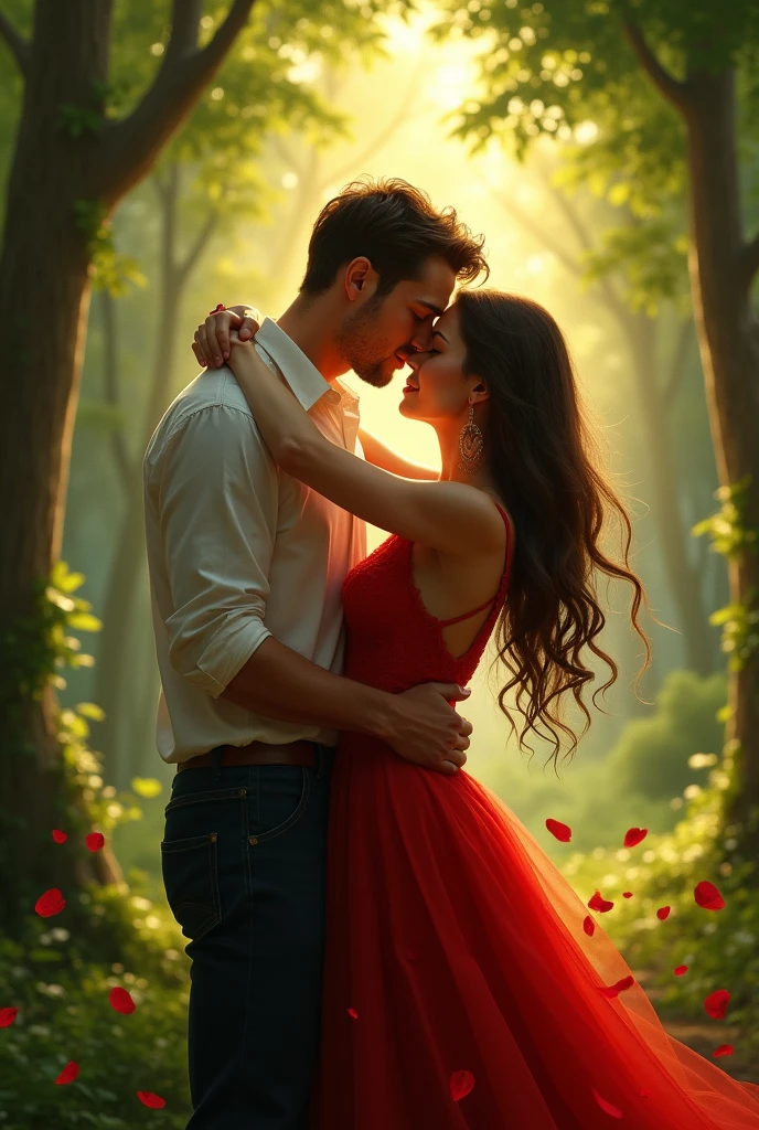 in red dress hugs her boy friend in a forest.