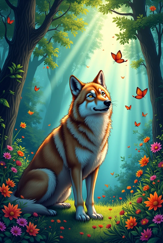 A tame wolf smiling in a forest full of birds, flowers and butterflies, There were so many trees that you couldn't even see the sky anymore, just trees and some rays of light, the scene has vibrant and very striking colors, comic book style.