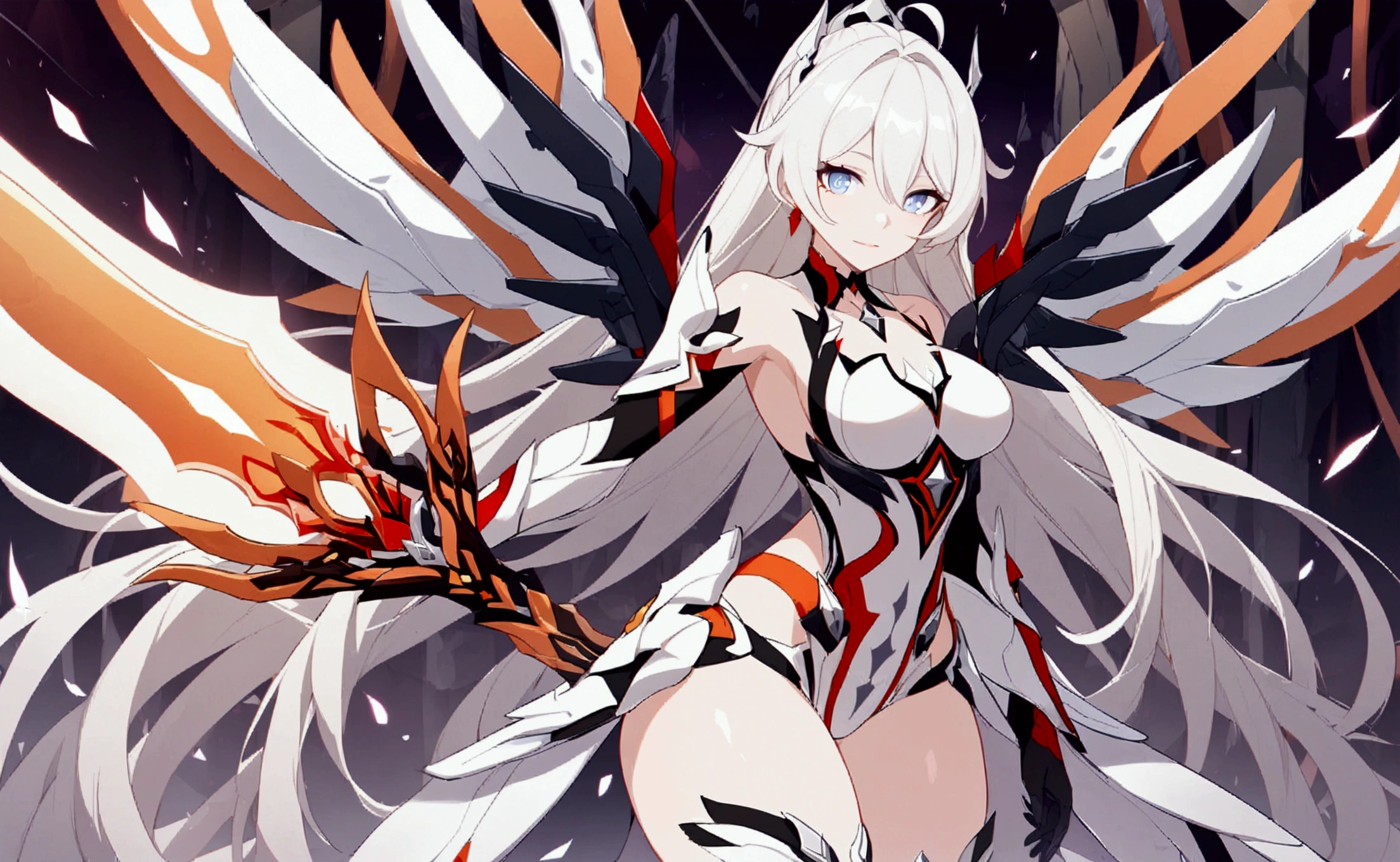 1 girl,mature girl,kiana kaslana,Herrscher of Flamescion,Honkai Impact,white hair,shiny hair,beautiful long hair,beautiful eyes, high quality,beautiful,valkyrie,hyper,masterpiece,perfect body, nice body, curvy,armor,hyper quality,high quality, perfect,high detailed eyes,high detailed face,valkyrie suit,wings,great flame sword,looking at viewer